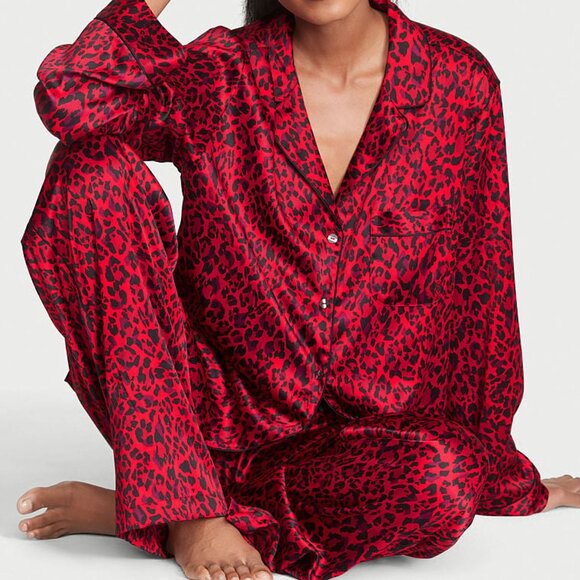 Victoria's Secret Other - Victoria's Secret Red & Black Leopard Print Satin Long Pajama Set. Size L. Reg.